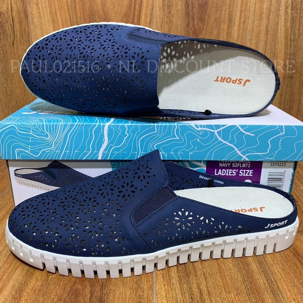 JSPORT Women's Floral Cutout Lightweight Slip-On Mule, Navy, Sizes 8